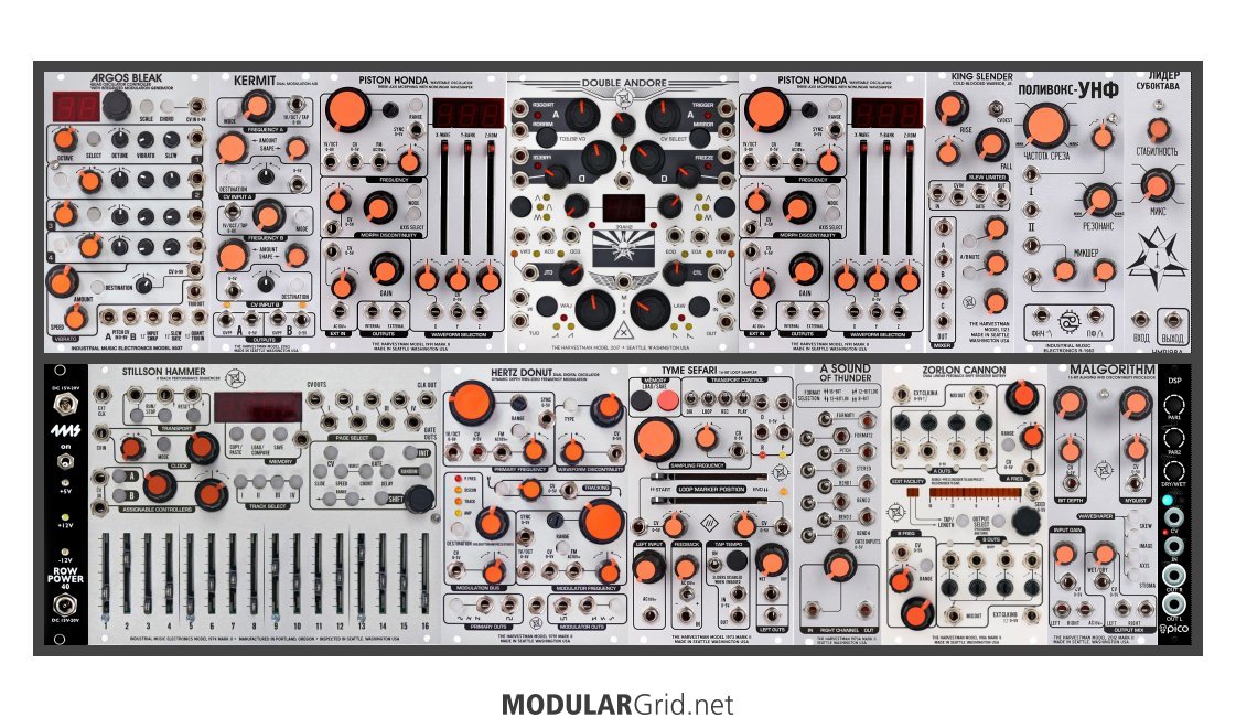 Screenshot of a Harvestman modular system, everything is MKII except the Double Andore