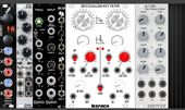 45 hp - para VHS BONBON (input para voz y roland) (roland-->befaco filt) (voz-->elec) (pico trig--> trigea mk4 noise-->fx aid) (mixer: elec (con voz incluida), roland, mk4)