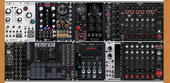 104hp x2 + Microfreak, TB-303, SH-101 and TR-8s. Outboard effects.