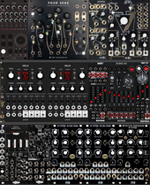 3x 64 HP 9U Octaves VCO voice thru SSF Steady State Fate Gate LPG + Four Seas voice thru Make Noise Optomix then thru Pandora Band Pass Filter + Entity Ultra Perc + Basimilus Iteratis Alia Perc + 2x Perkons Voice